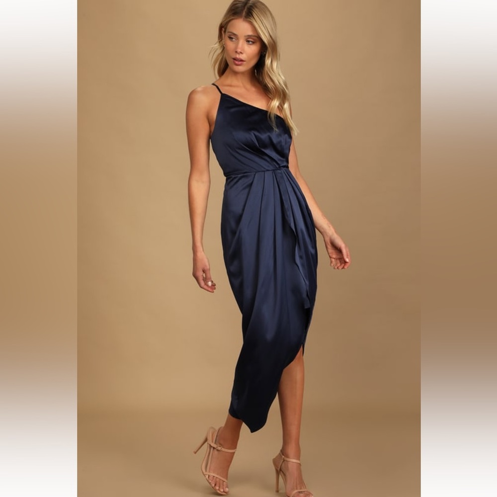 Navy Blue One-Shoulder Asymmetrical Midi-Dress
